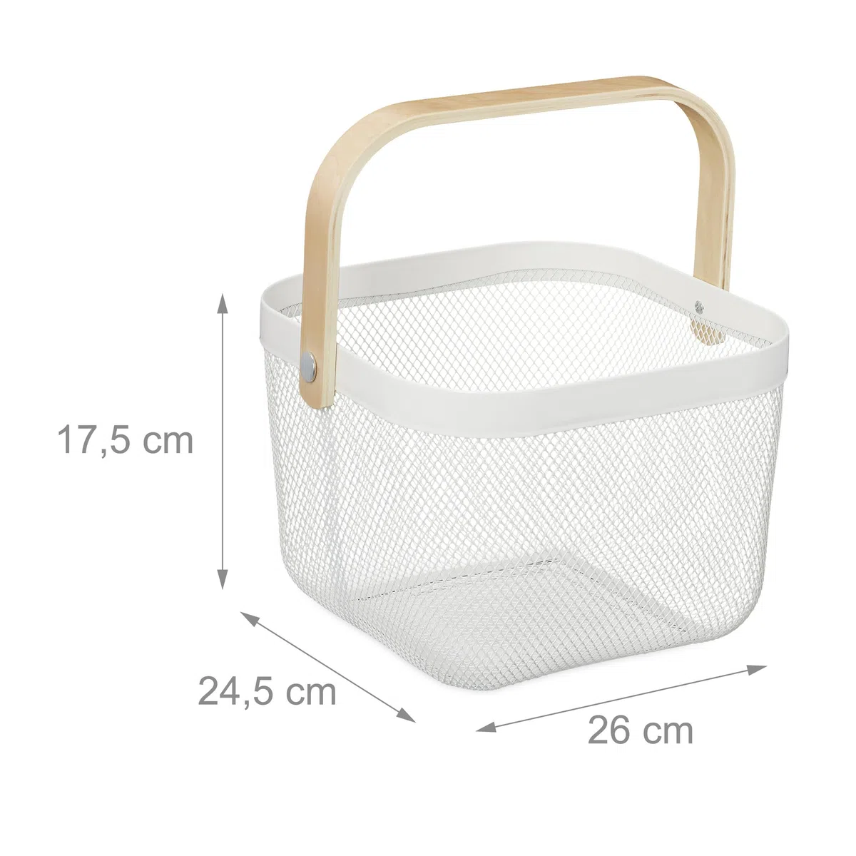 Relaxdays Cestino Metallico Portaoggetti a Rete Quadrato, Set 2 Cesti con Manico in bambù, HLP: 17,5x26x24,5 cm, Bianco