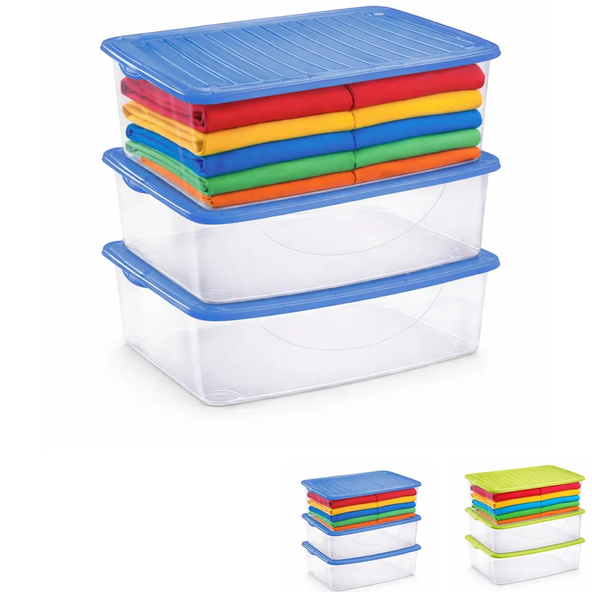 PALUPLUS 3 Contenitori Portabiancheria, misura 60x40x17 cm e capacità 27 Lt, Box Trasparente con Coperchio, Organizer salvaspazio per Scarpe, Vestiti, Giocattoli -1125 (Blu)