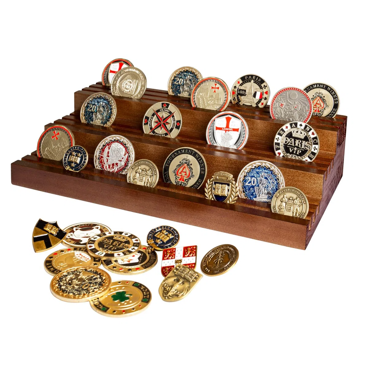 Rack di legno per le monete di sfida, espositore di monete militari a tre livelli, 9 file di esercito da collezione, cassa di supporto che contiene 55-80 monete-marrone scuro