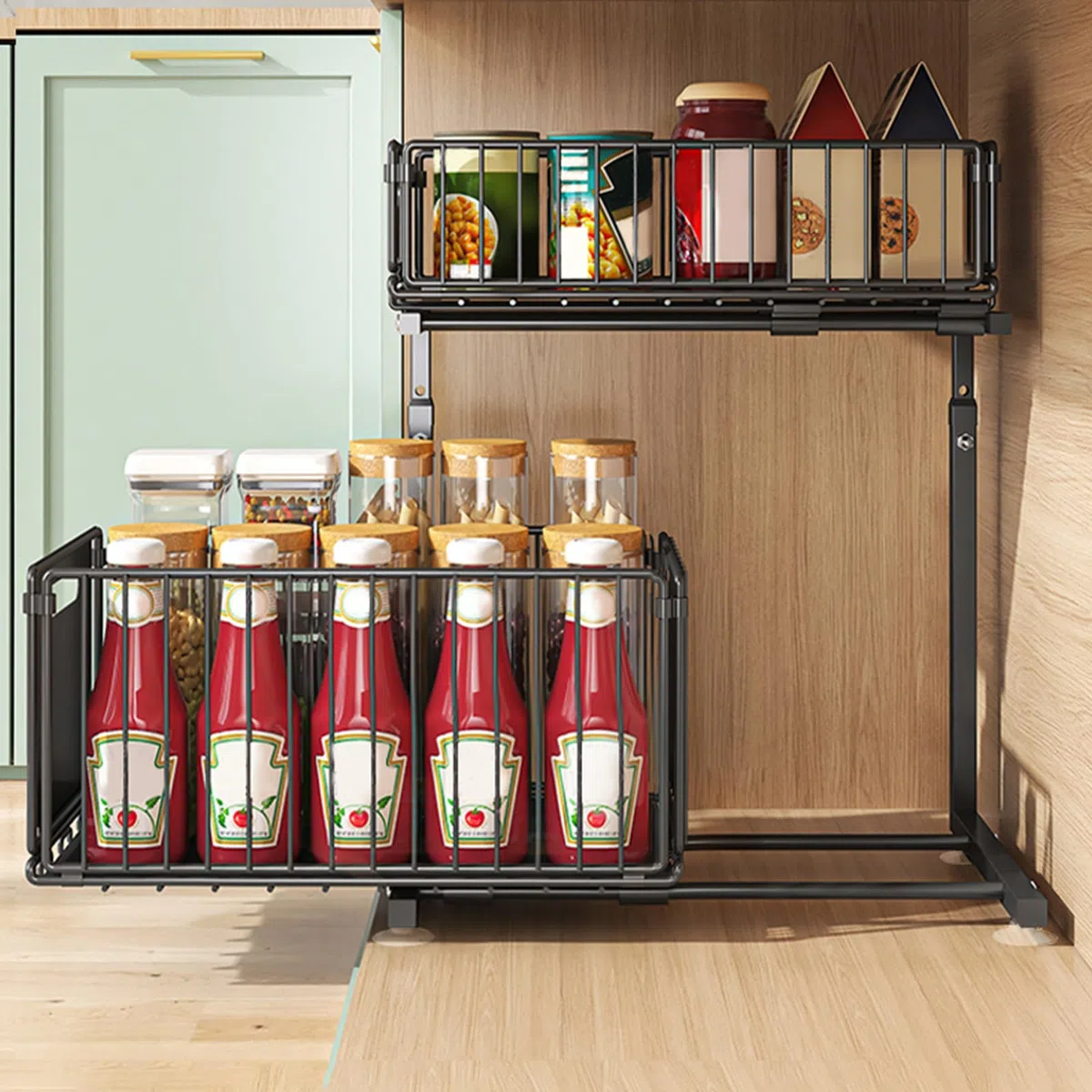 HUOLE Organizer sotto lavello a 2 livelli, organizer da cucina, ripiano sotto lavandino, portaspezie, cestino portaoggetti scorrevole in metallo, per cucina, bagno, camera da letto (26,5 x 38 x 48,5