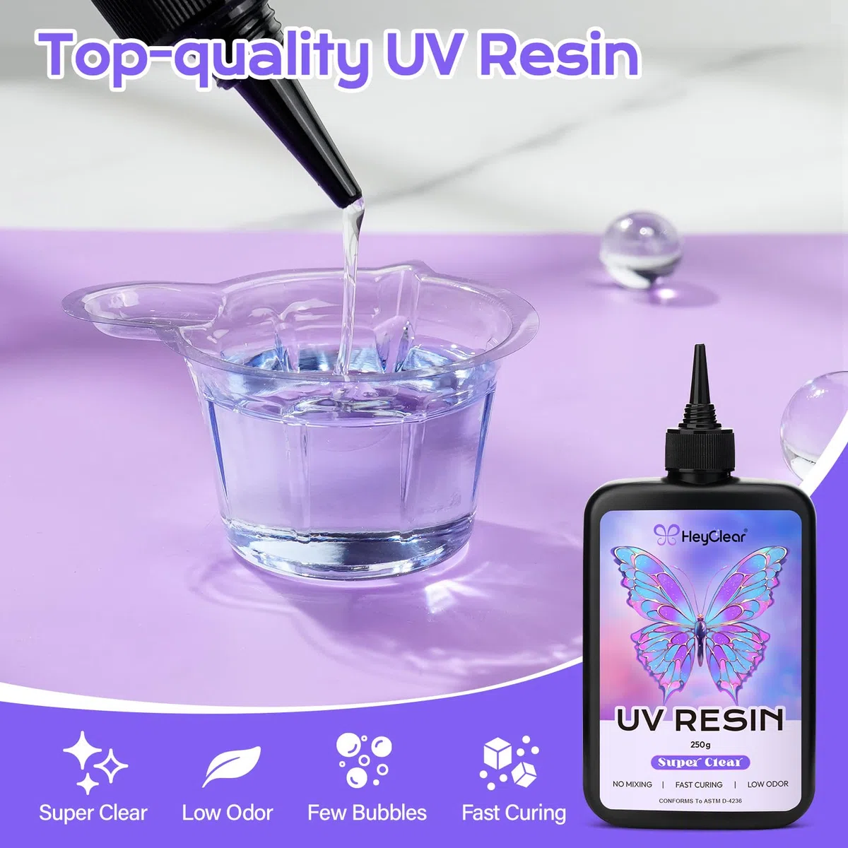 HeyClear Kit Resina UV con Lampada UV - 250g Resina UV Trasparente e Dura, per Principianti di Resina UV, UV Resin per Gioielli, Stampi e Fai-da-te