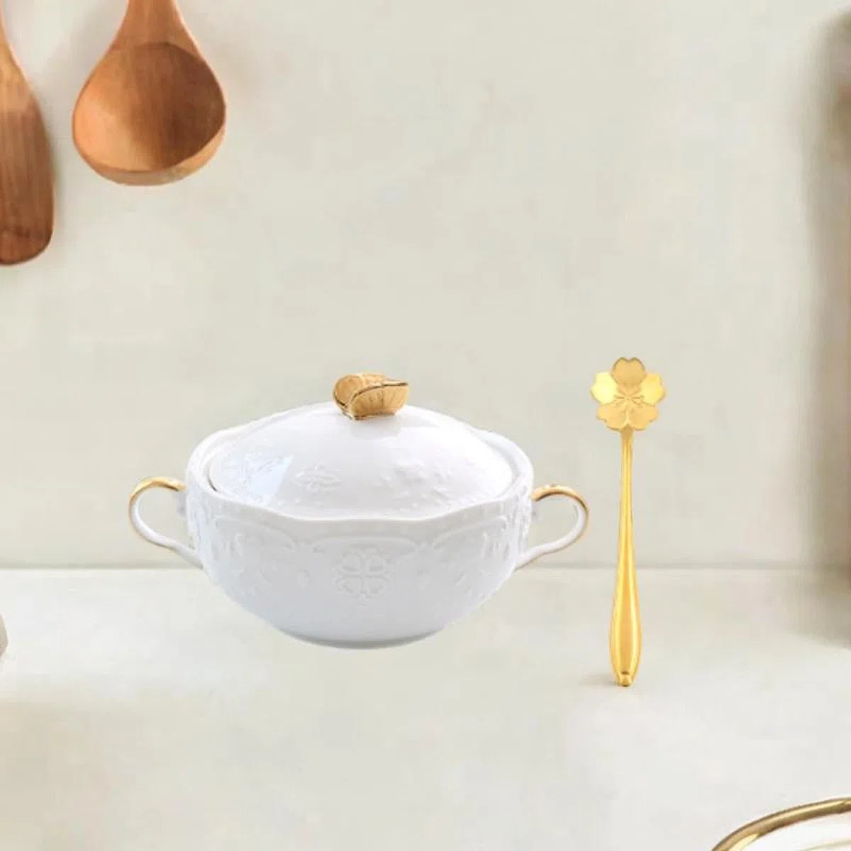 Zuppiera con manici, capacità 277,8 g, ideale per pasta e gelato, manico con coperchio dorato