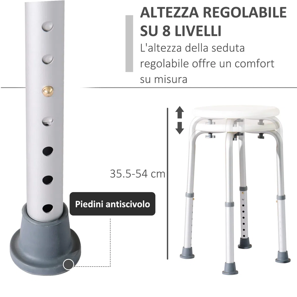 HOMCOM Sgabello da Doccia Girevole a 360° con Piedini Antiscivolo e Regolabile in Altezza su 8 Livelli, Sgabello per Doccia in Alluminio e PE, 32.5x41x35.5-54 cm, Bianco