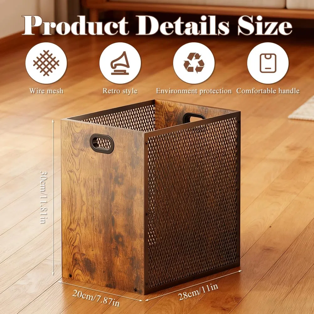 Cestino per la Spazzatura in Legno, 16,8 l, Grande con Design Retrò, per Camera da Letto e Ufficio, Griglia in Ferro con Manico, 28 x 20 x 30 cm