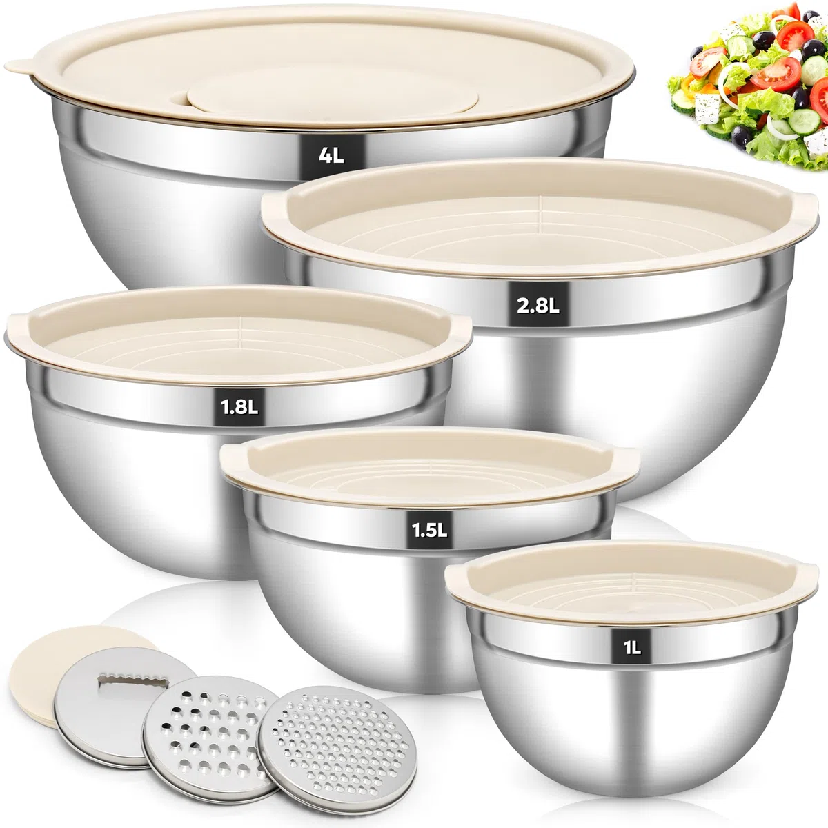 Fire More Set di 5 Ciotole Miscelatori in Acciaio Inox, 4L/3L/1,8L/1,5L/1L Ciotola per Insalatiera con Coperchio Ermetico e 3 accessori grattugia, impilabili e Lavabili in Lavastoviglie
