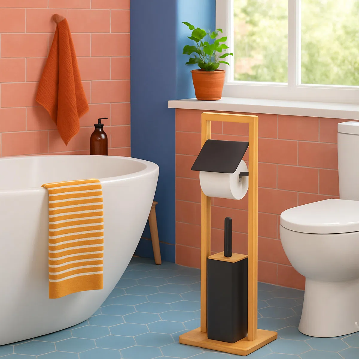 Set da Bagno Relaxdays, bambù, Porta Carta igienica, scopino con portascopino, 76,5x28x18 cm, Nero
