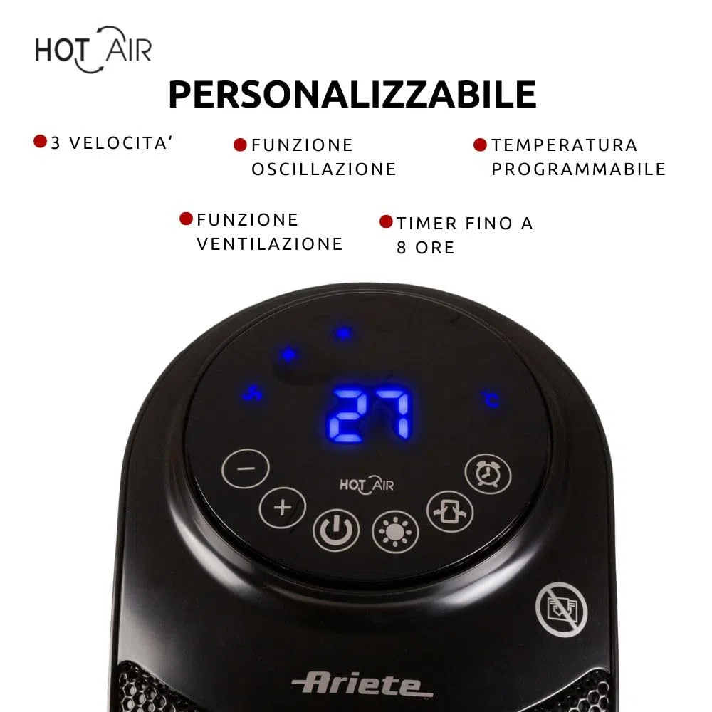 Ariete 8213 Termoventilatore a torretta, 2200W, 3 velocità, Timer fino a 8 ore, Funzione ventilazione, Funzione oscillazione, Tecnologia ceramica, Led display, Nero