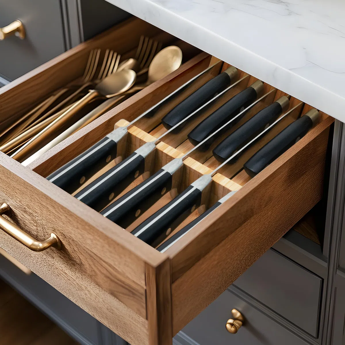 Utoplike Portacoltelli in bambù per cassetti e coltelli, per cucina, con manico grande, adatto per 9 coltelli (non inclusi)