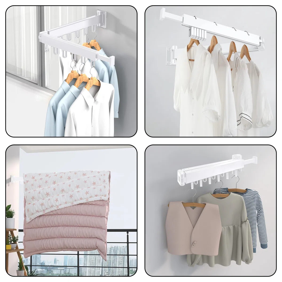 Stendibiancheria da parete stendibiancheria retrattile stendibiancheria pieghevole da muro stendino da parete per balcone, lavanderia, camera da letto, bagno (Bianco, 2-Fold)