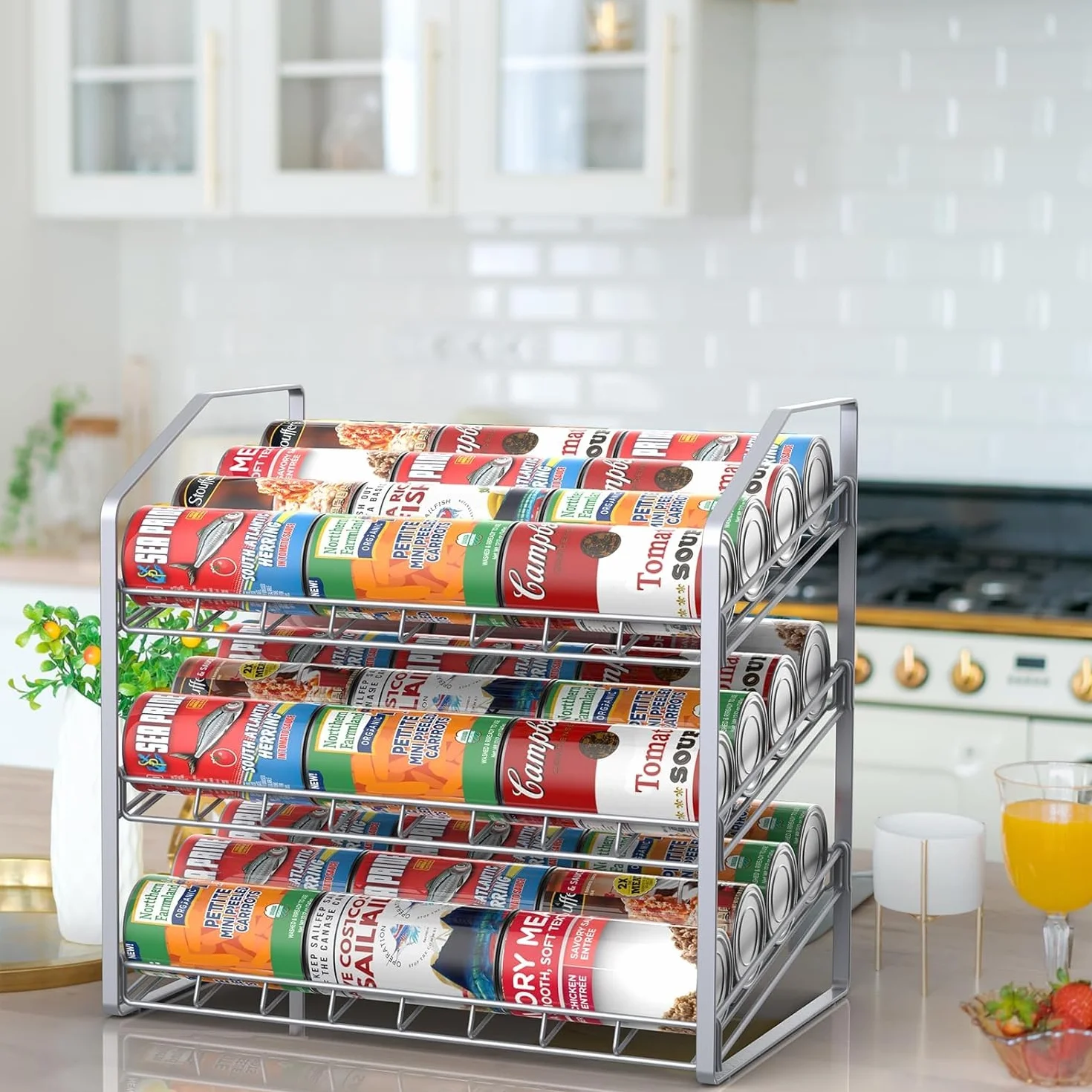 Porta-lattine a 3 livelli, organizer per dispensa, porta lattine per piano di lavoro, armadio, cucina, argenteo