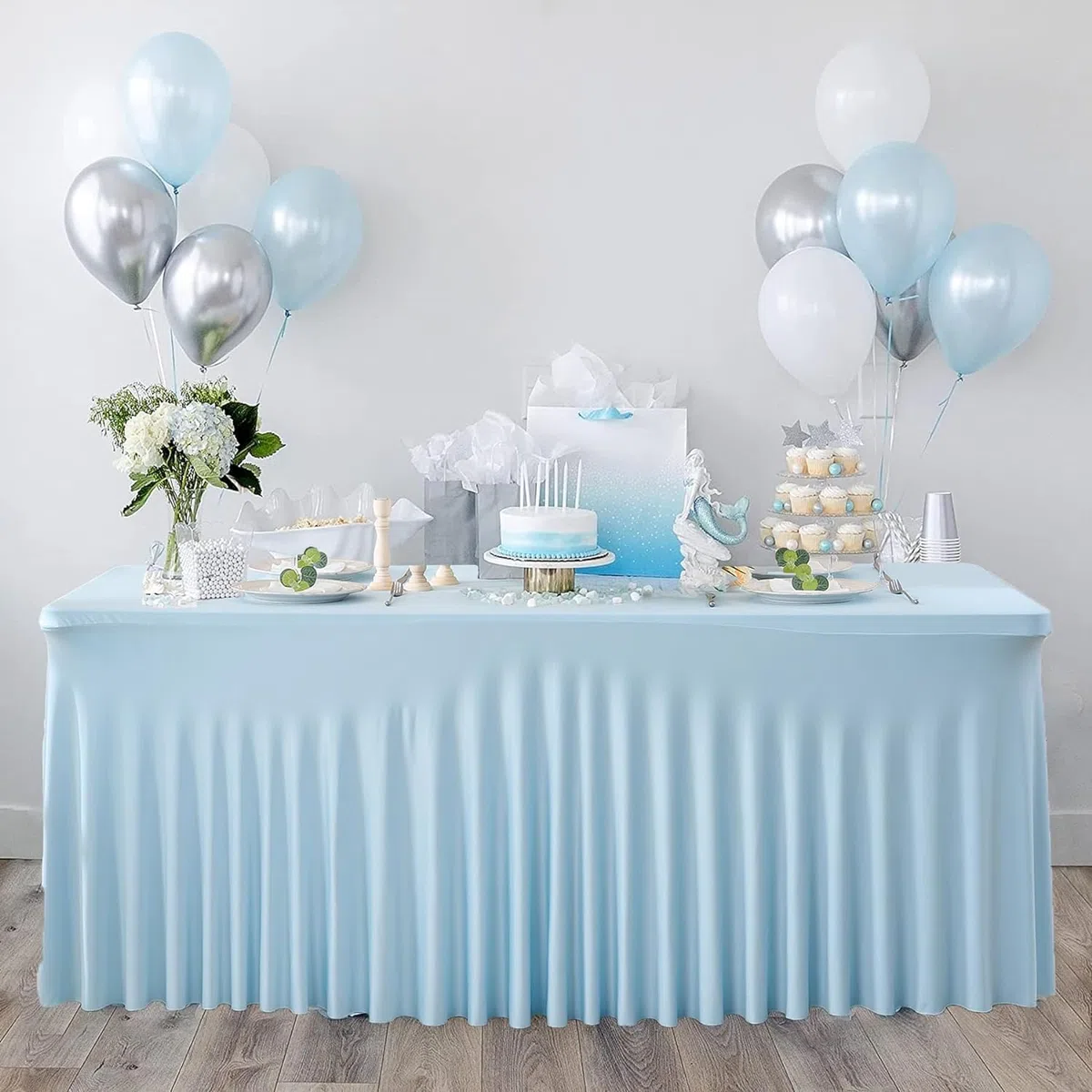 NSSONBEN 1-Pack, tovaglia rettangolare in spandex blu per bambini, 180 x 76 cm, tovaglia elasticizzata senza pieghe con gonna per banchetti, feste, matrimoni, compleanni, meeting, fiere all'aperto