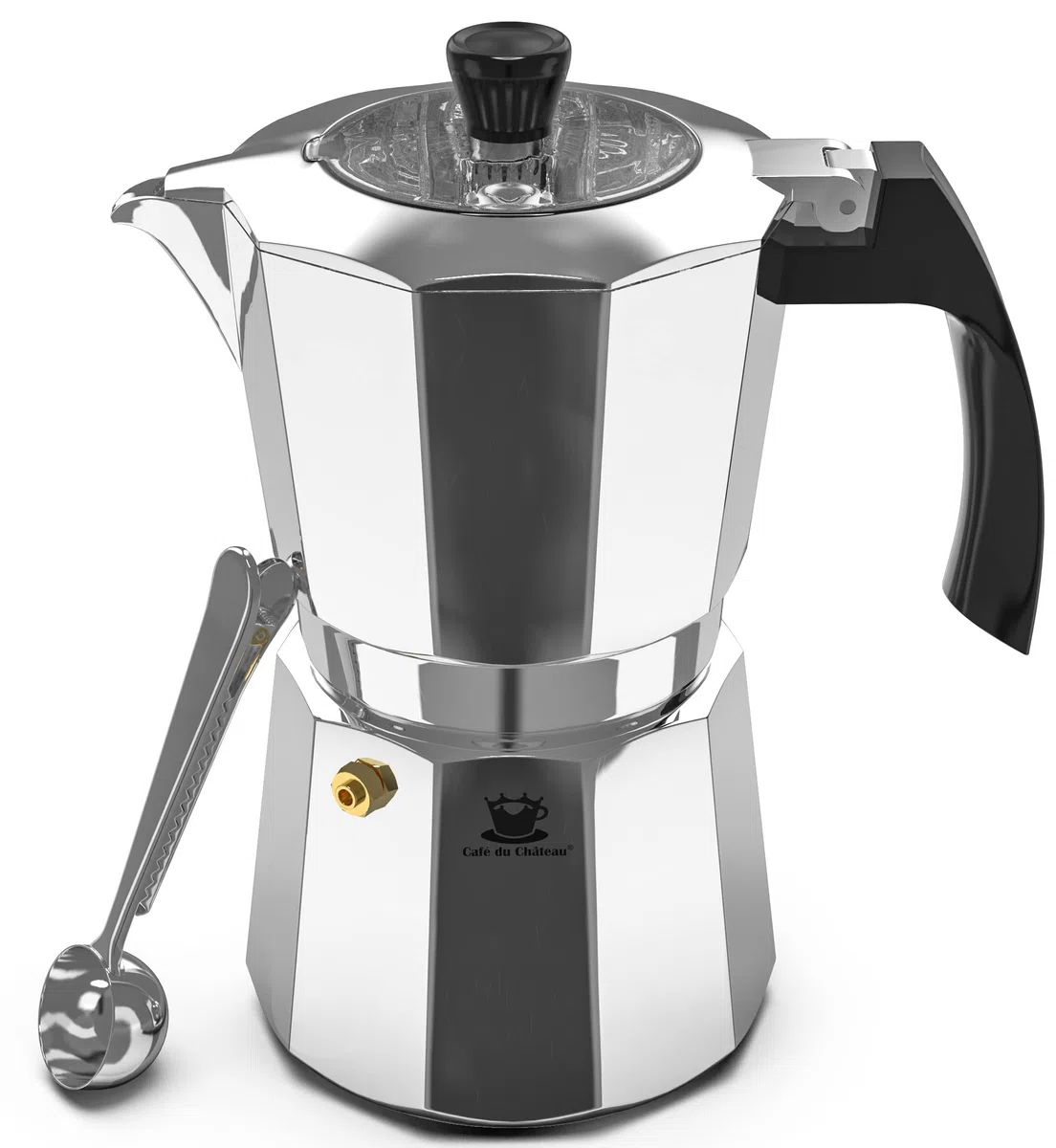 Cafe Du Chateau, caffettiera espresso 6 tazze, moka con coperchio superiore trasparente, finitura lucida, con cucchiaino da caffè
