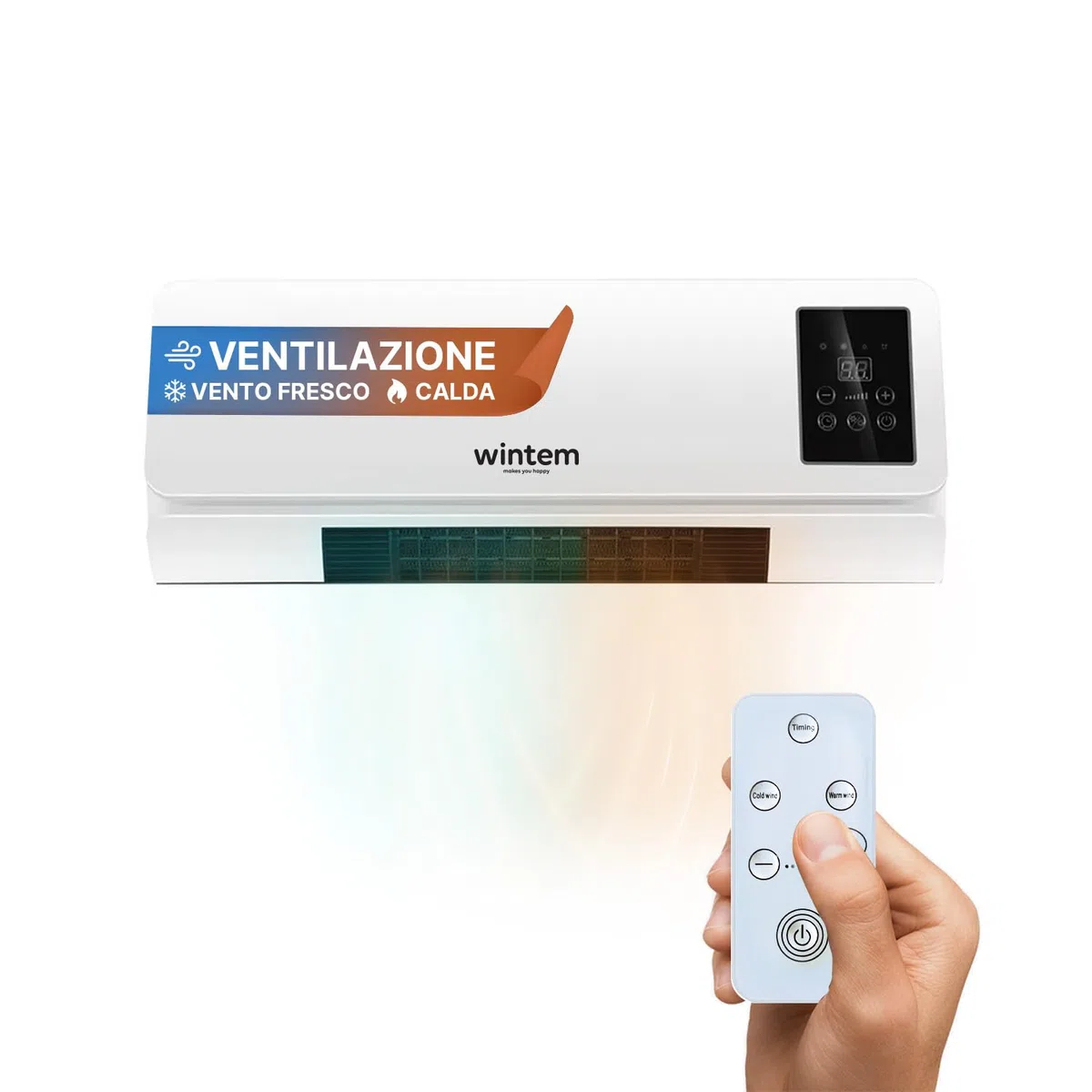 Wintem Stufa e Ventilazione Leggera da Parete fino a 2000W per Aria Calda - Silenzioso con Display LED, Telecomando IR Fissa Compatta Ideale per Piccoli Ambienti