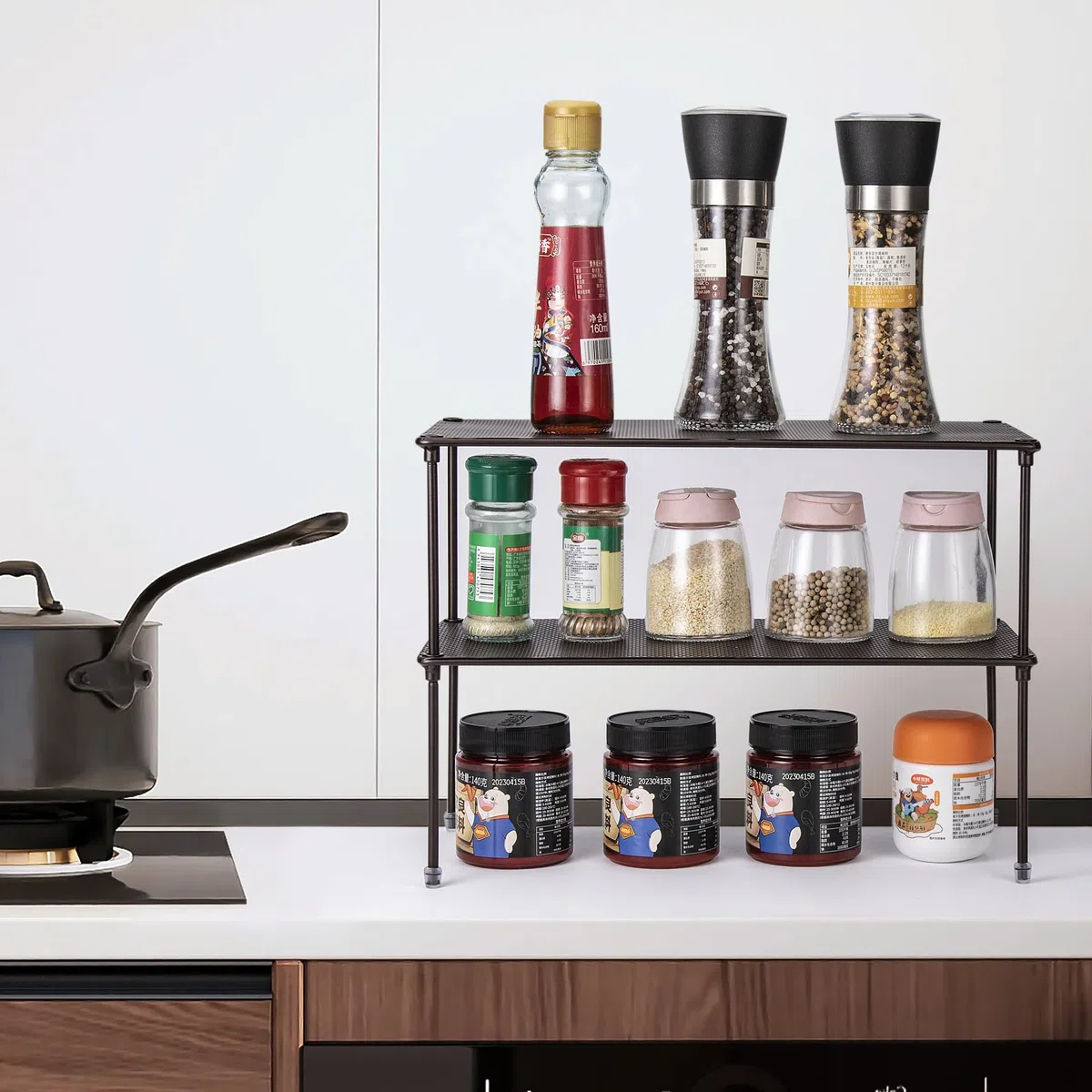 Lonian Confezione da 2 organizer per armadietti da cucina, espandibili e impilabili, per bagno, cucina, lavanderia (marrone)