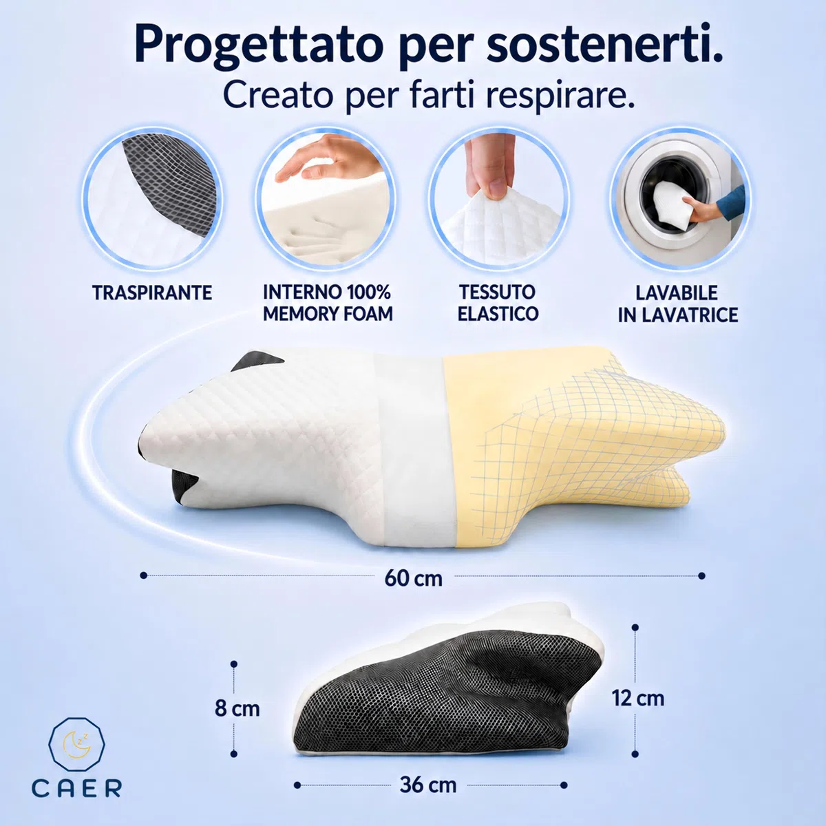 CAER Cuscino Cervicale per Dormire su Fianco e Schiena – Memory Foam Ortopedico, Misure 60x36 cm con Doppia Altezza, Supporto per Collo e Spalle, Federa Lavabile