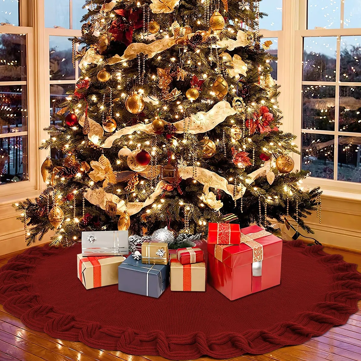DEMIUKO 122CM Gonne per Alberi di Natale Rosso Tappeto per Albero di Xmas Tappetino per Copertura Base Tree Christmas Tappetino di Natale per Casa Vacanza Decorazione per Albero di Xmas