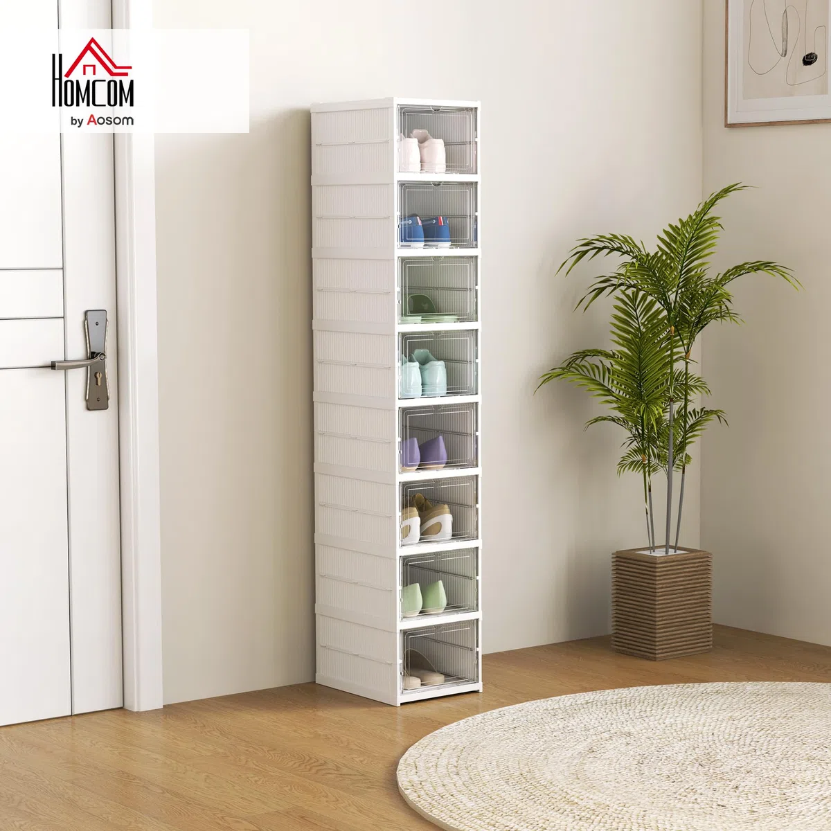 HOMCOM Scarpiera Modulabile con 8 Contenitori per Scarpe Impilabili, Organizer per Scarpe Pieghevole Salvaspazio con Pannello Trasparente, Senza Montaggio, Bianco