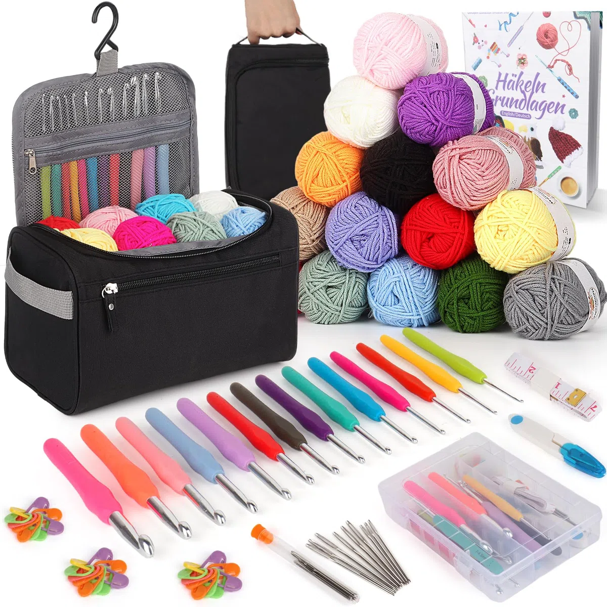 Coopay Set di 73 pezzi per principianti di uncinetto, set di uncinetti portatile con 15 lana, borsa, accessori per uncinetto, uncinetti ergonomici da 2,0-10 mm con manico lungo e morbido, pratico set
