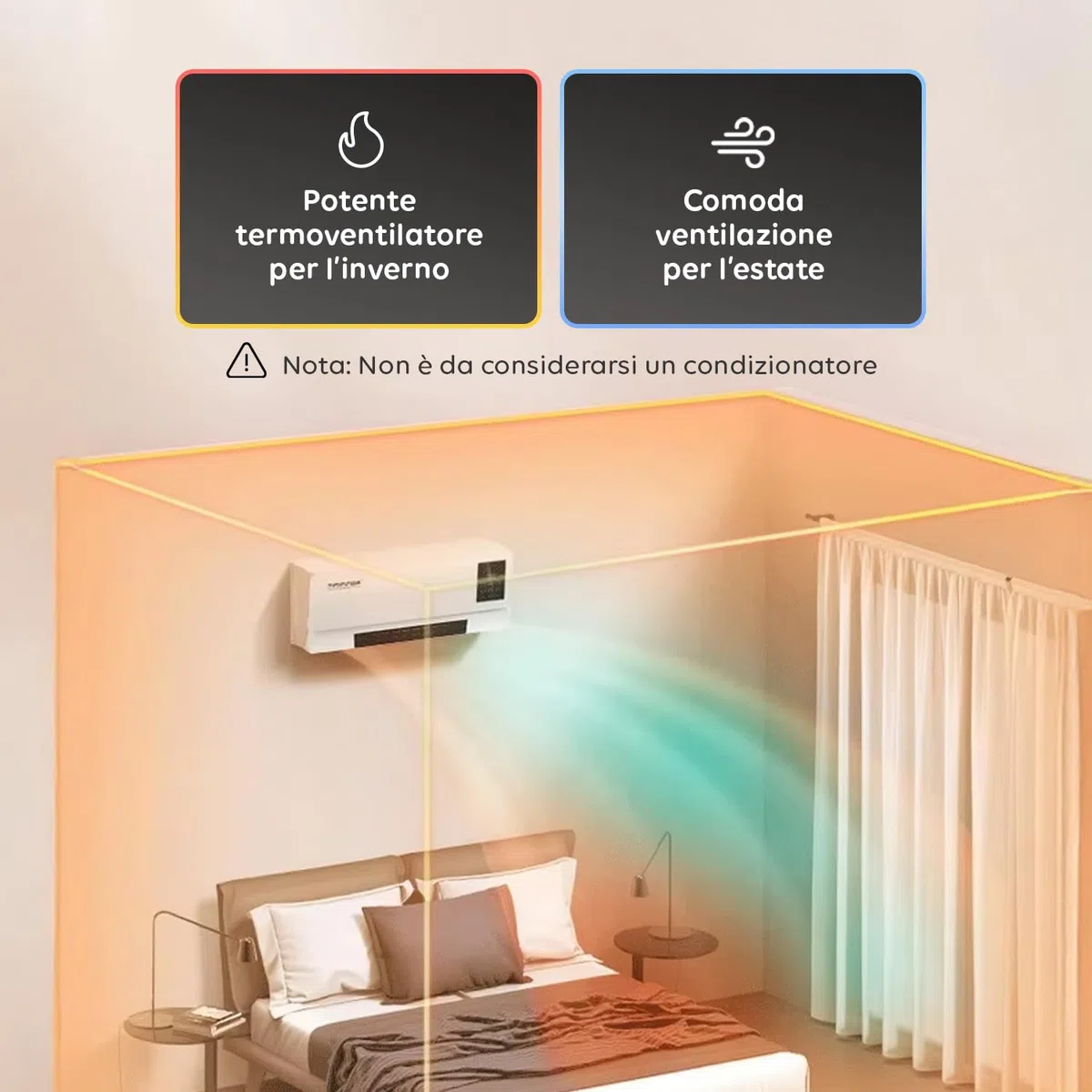 Wintem Stufa e Ventilazione Leggera da Parete fino a 2000W per Aria Calda - Silenzioso con Display LED, Telecomando IR Fissa Compatta Ideale per Piccoli Ambienti