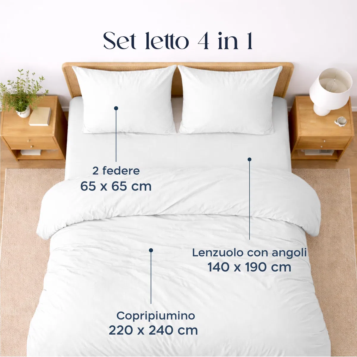 Twinzen Set Copripiumino Matrimoniale - 4 Pezzi - Copripiumino matrimoniale 240x220 cm, Lenzuolo con Angoli 160x200 cm, 2 Federe 65x65 cm - Microfibra Spazzolata, Oeko-Tex - Bianco