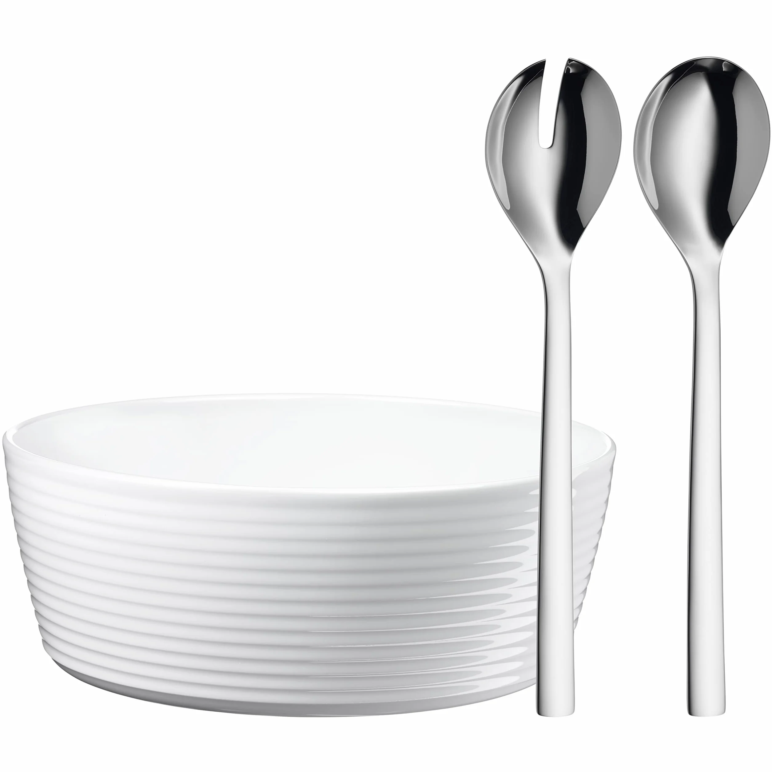 WMF Nuova Insalatiera Set di 3 Posate da Insalata in Acciaio Inox, 30 cm, con insalatiera, Acciaio Inox Cromato Lucido, Porcellana, Lavabile in lavastoviglie