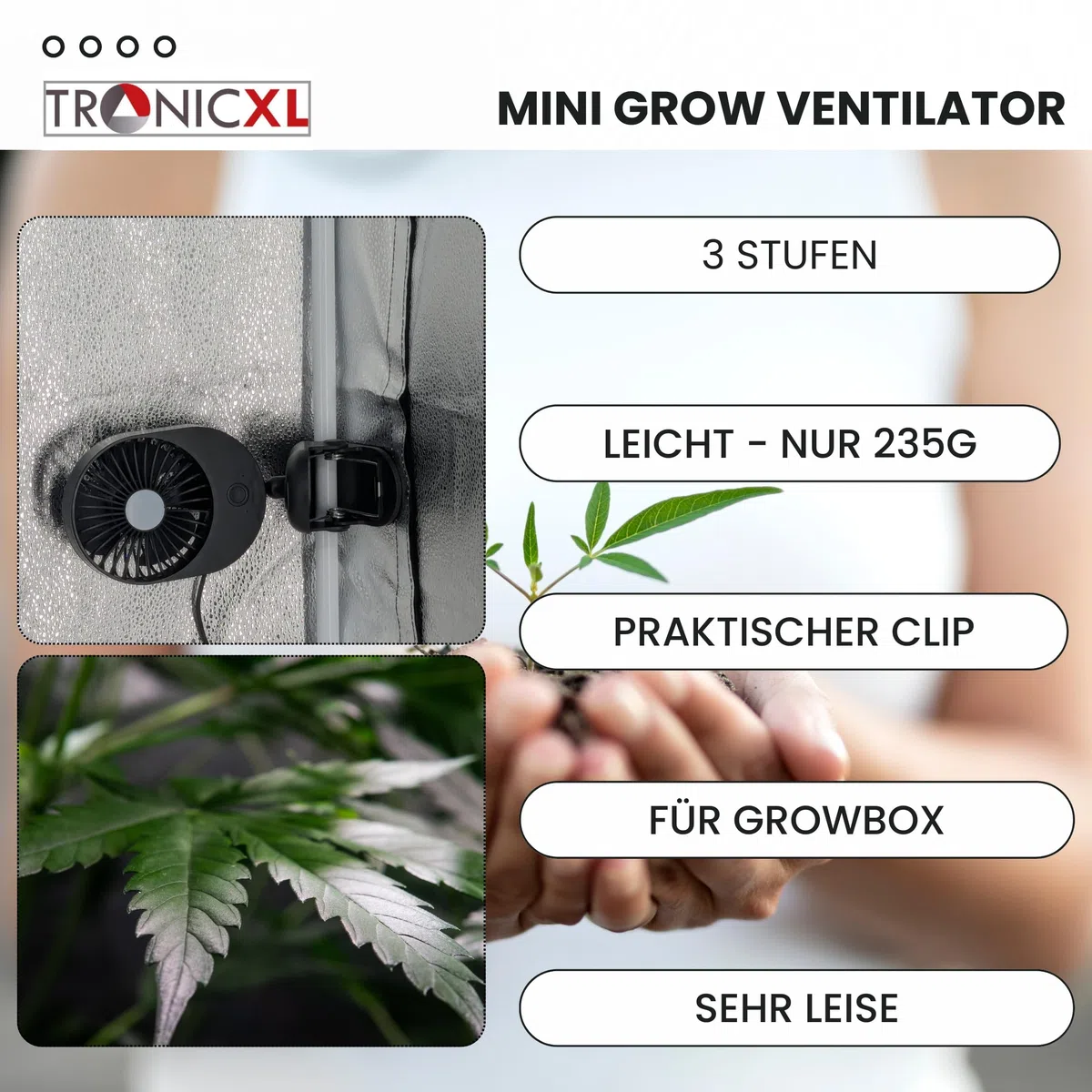 TronicXL Ventilatore USB Grow con clip morsetto a morsetto, ventilatore a clip per Homebox Growbox GrowBox Secret Jardin GrowPro DiamondBox Zelsius Mars Hydro ecc.