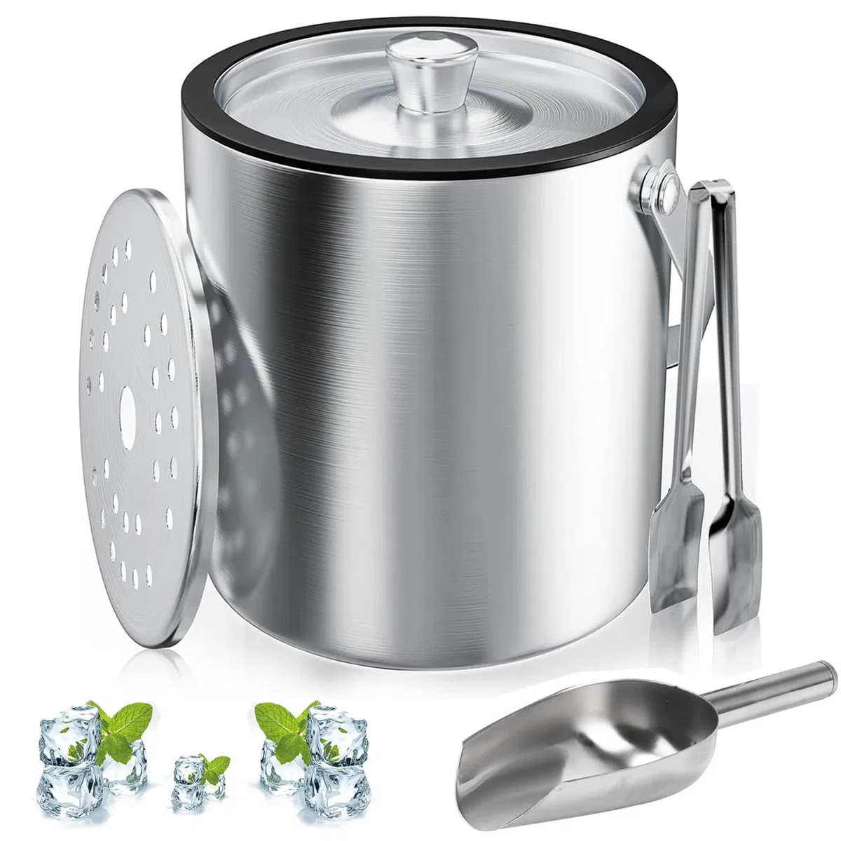 Secchiello Ghiaccio, secchiello per Ghiaccio Rotondo con Pinze per ghiaccio, Contenitore per Cubetti di Ghiaccio da 3 Litri, Secchiello per Ghiaccio in Acciaio Inox con Paletta, per Raffreddare Birra