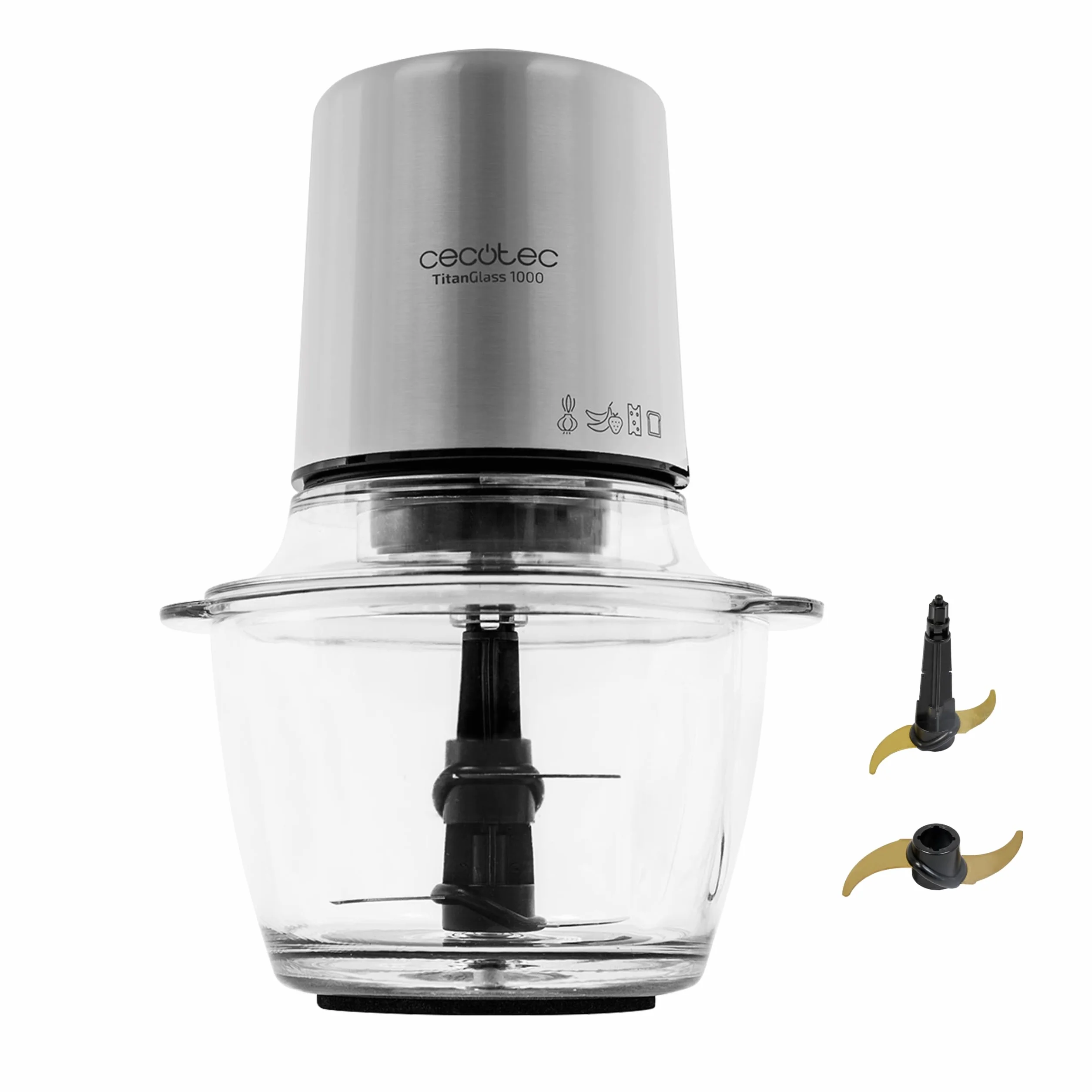 Cecotec Tritatutto Elettrico TitanGlass 1000 Max. Spatula 500W, 4 Lame Titanio, Tritura, Taglia, Affetta, ControlSpeed, Ciotola Vetro 1L, 2 Velocità, Pulse, Coperchio a Pressione, Lavastoviglie