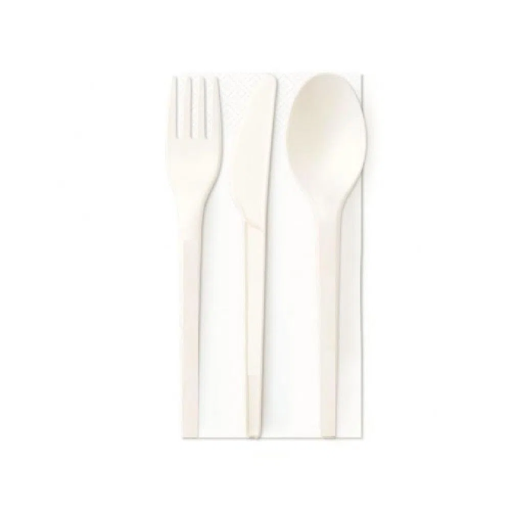 Tris Posate Usa e Getta Imbustate con Tovagliolo in Fibra di Mais Biodegradabili, Posate Monouso Compostabili Perfette per Catering, Feste ed Eventi, Set da 20-50-100 Pezzi Disponibile (100 PEZZI)