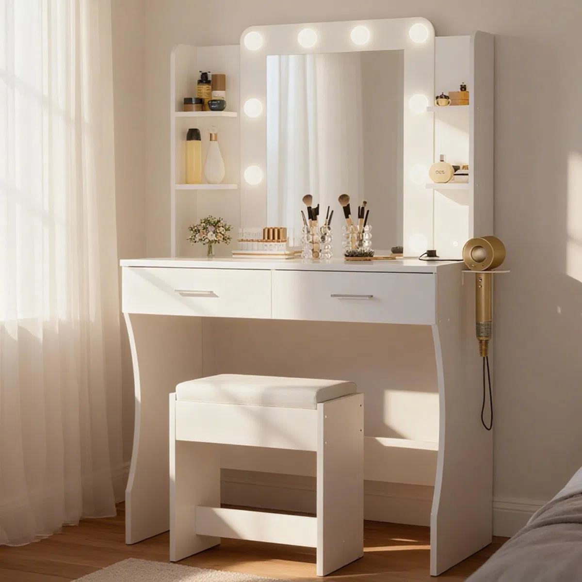 BonVache Toeletta con illuminazione, regolazione della temperatura del colore, toeletta con specchio e prese elettriche, tavolo cosmetico con 6 ripiani aperti e supporto per asciugacapelli, con 2