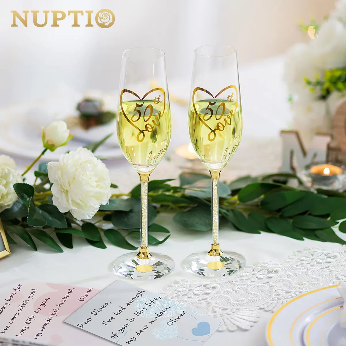 Nuptio 50 Anni Matrimonio Regalo: Set 2 Dorati Bicchieri Champagne con Scatola Legno Champagne Flute per Genitori Coppia Mamma Papà