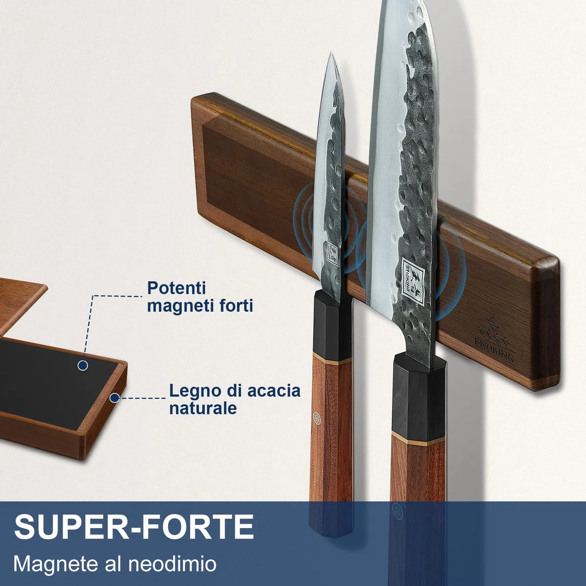 ENOKING Portacoltelli Magnetico 26 cm, Barra Magnetica per Coltelli Senza Forare, Porta Coltello Forte in Legno D'acacia con 2 Ganci