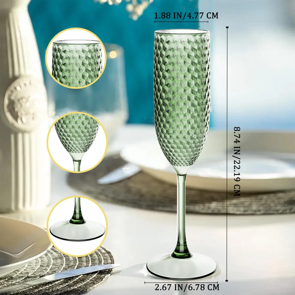 12 calici di vetro di diamanti di plastica verde con bicchieri di champagne classici infrangibili bicchieri di tostato di nozze bicchieri di vino per addio al nubilato