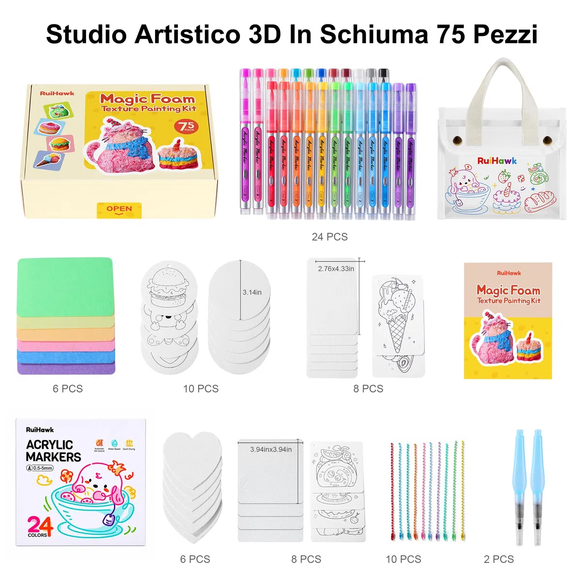 RuiHawk Kit di Pittura a Texture Schiuma 3D Magica da 75 Pezzi – Crea con Puffy Paint e 24 Pennarelli Auto-Flow, 38 Fogli Texture e Perline, Kit Creativo e Regalo per Bambini 5, 6, 7, 8, 9 Anni