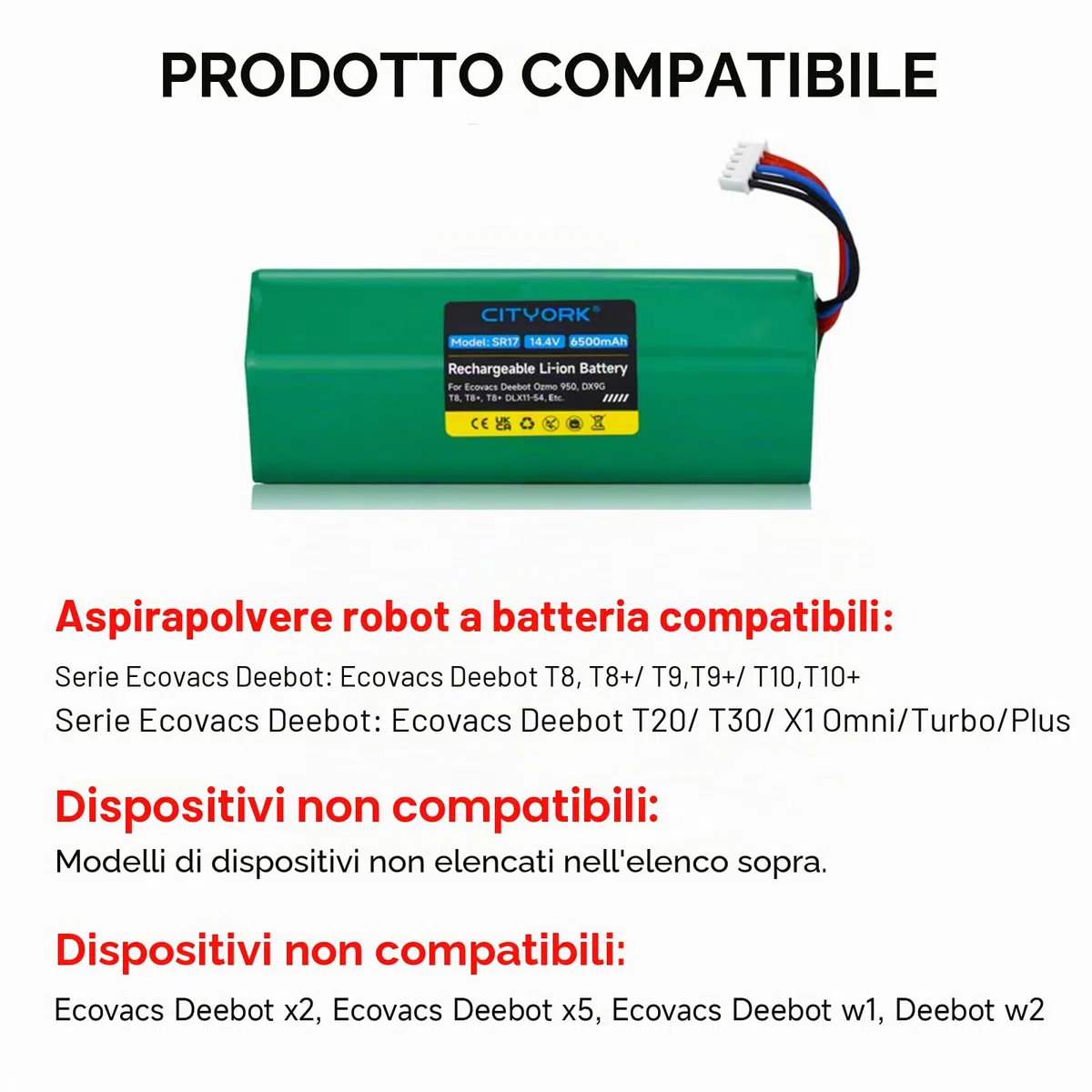 CITYORK 6500mAh/14,4V Batteria di Ricambio per Ecovacs Deebot T8/T8+/ T8AIVI/MAX, Deebot T9/ T9+/ T9AIVI, Deebot T10/ T10+, per Ecovacs Deebot T20/ T30/ X1 Omni/Turbo/Plus Batteria