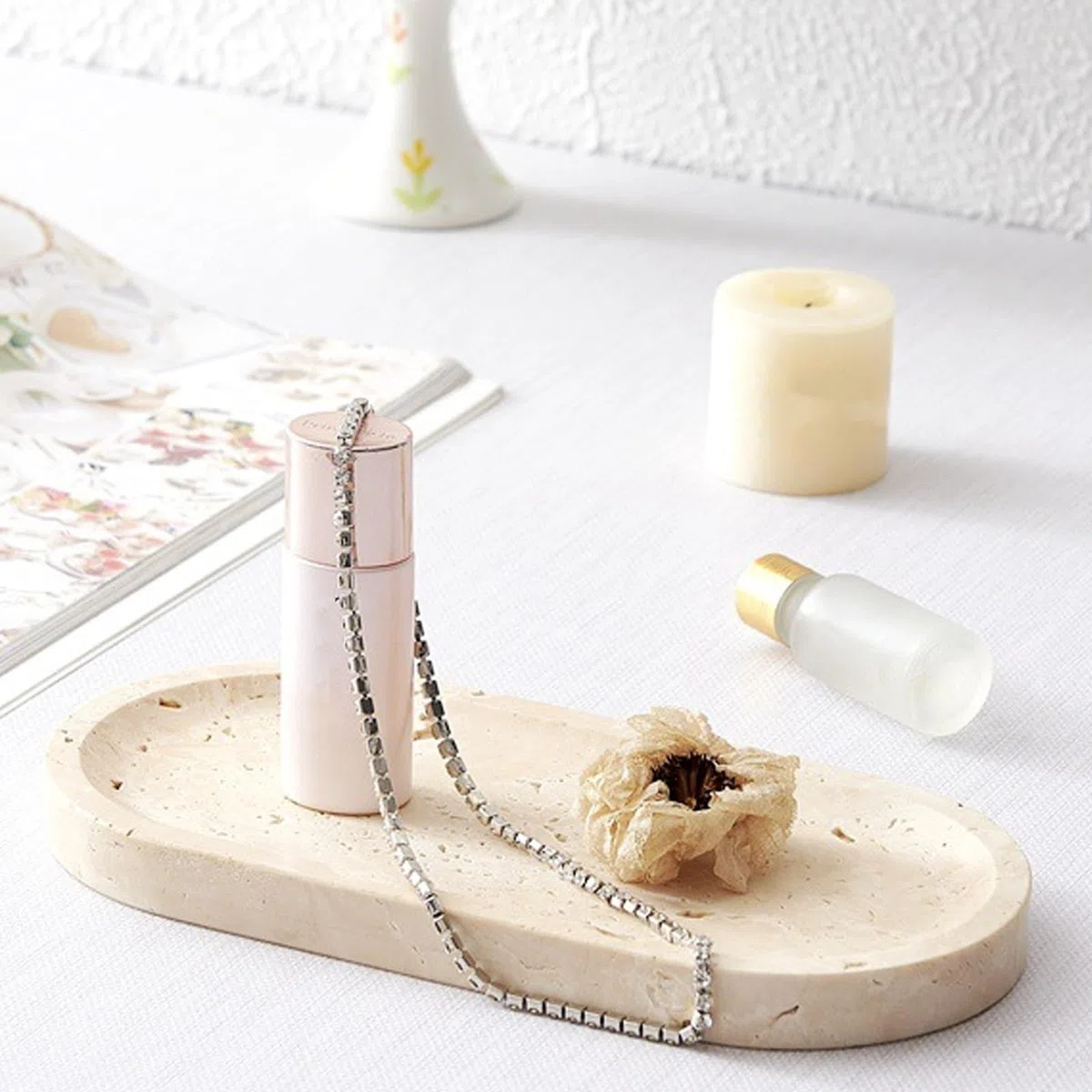 Vassoio decorativo, motivo marmo, vassoio per gioielli, marmo naturale, beige, piatto ovale decorativo, profumo, cosmetici, gioielli, candele, chiavi, vassoio per soggiorno e camera da letto