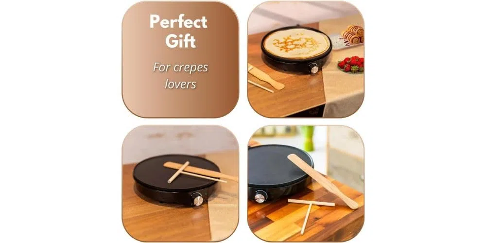 Crepiera Elettrica 1000W, Piastra Antiaderente 30 cm con Termostato Regolabile e Spatole in Legno, Ideale per Crepes, Pancake, Omelette, Frittate e Piadine
