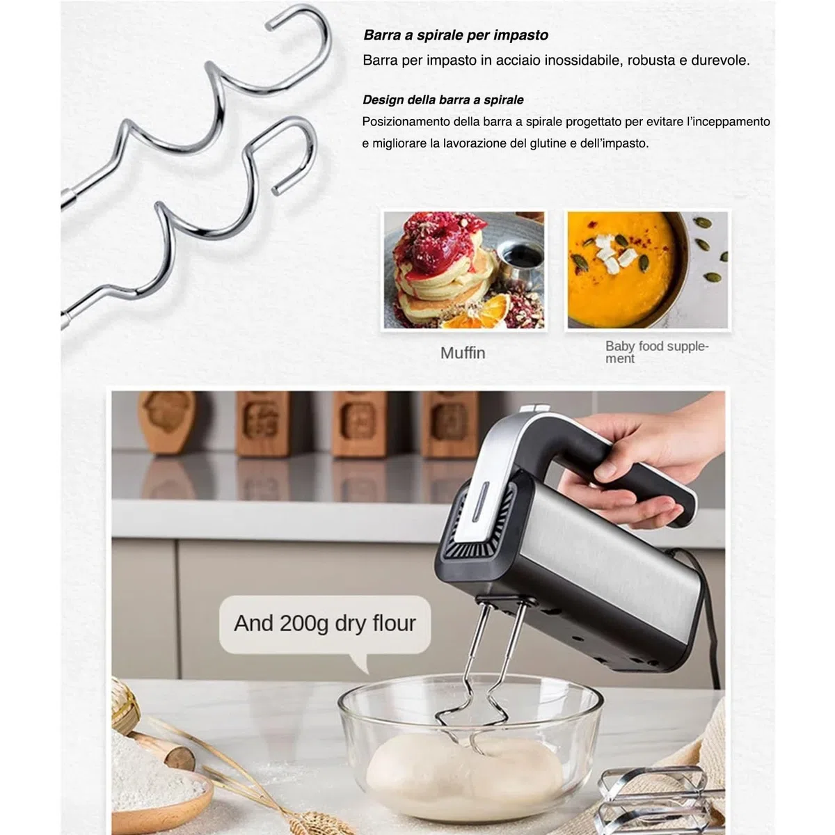 VOLTIX Sbattitore Elettrico 800W con 5 Velocità e Funzione Turbo, Frusta Elettrica con 2 Fruste & 2 Ganci in Acciaio Inox, Pulsante di Espulsione, Perfetto per Uova, Torte, Pane e Impasti