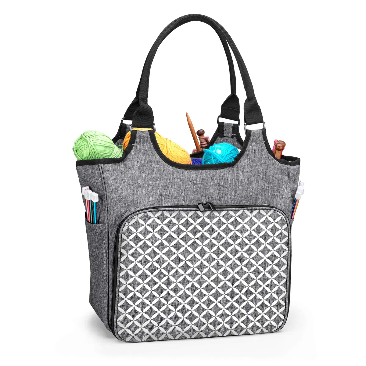 Yarwo Borsa Lavoro a Maglia, Organizer per Lana Gomitolo, Filati e Ferri da Maglia, Borsa da Trasporto per Lavoro a Maglia e Uncinetto Accessori, Grigio con Motivo Ovale