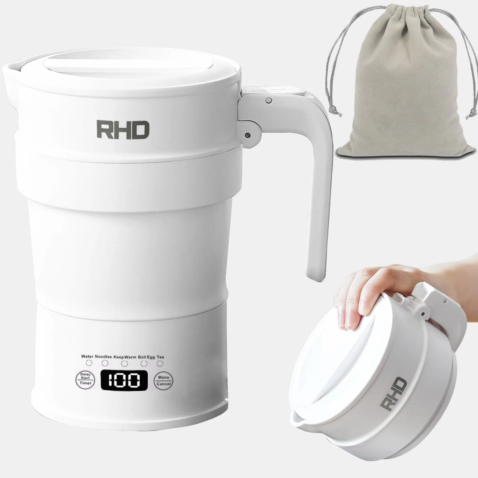 Bollitore da viaggio, bollitore elettrico piccolo con pannello multifunzionale, bollitore pieghevole con funzione di mantenimento in caldo e avvio ritardato, 0,7L, 1000W, Fondo in acciaio inox, bianco