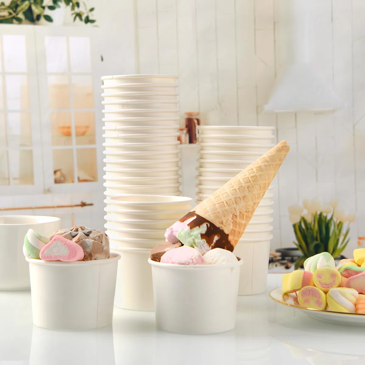 200 bicchieri di carta per gelato, yogurt congelato, dessert, dessert, surgelati, colore bianco