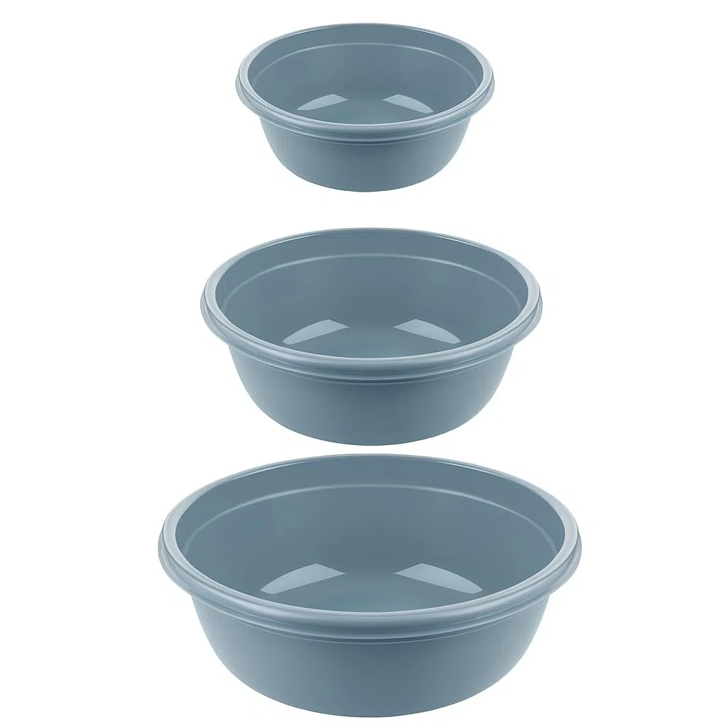 Set di 3 Bacinelle Rotonde in Plastica senza BPA – Bacinella Bucato 5L, 7,5L e 10,5L – Bacinella Grande e Catino per Bucato – Contenitore Multiuso per Lavaggio, Pulizia e Giardino (blu-grigio)