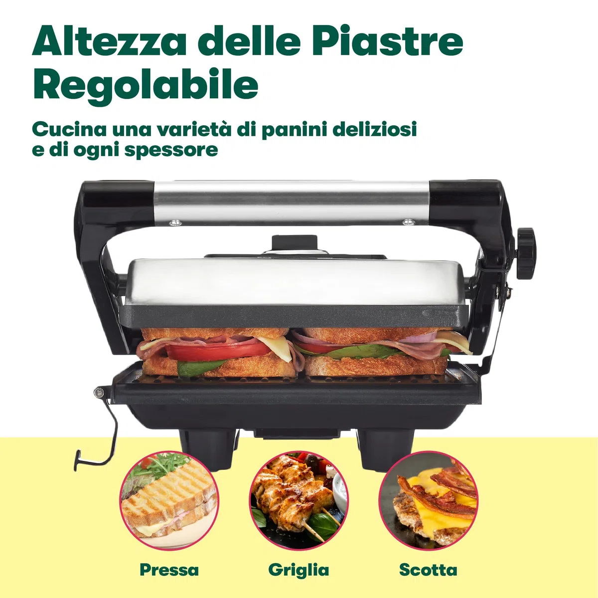 bella Pressa per Panini, Tostapane e Griglia Elettrica da Interno con Piastre Doppie Antiaderenti, Coperchio Regolabile in Altezza e Vassoio di Raccoglimento Rimovibile, Acciaio Inossidabile
