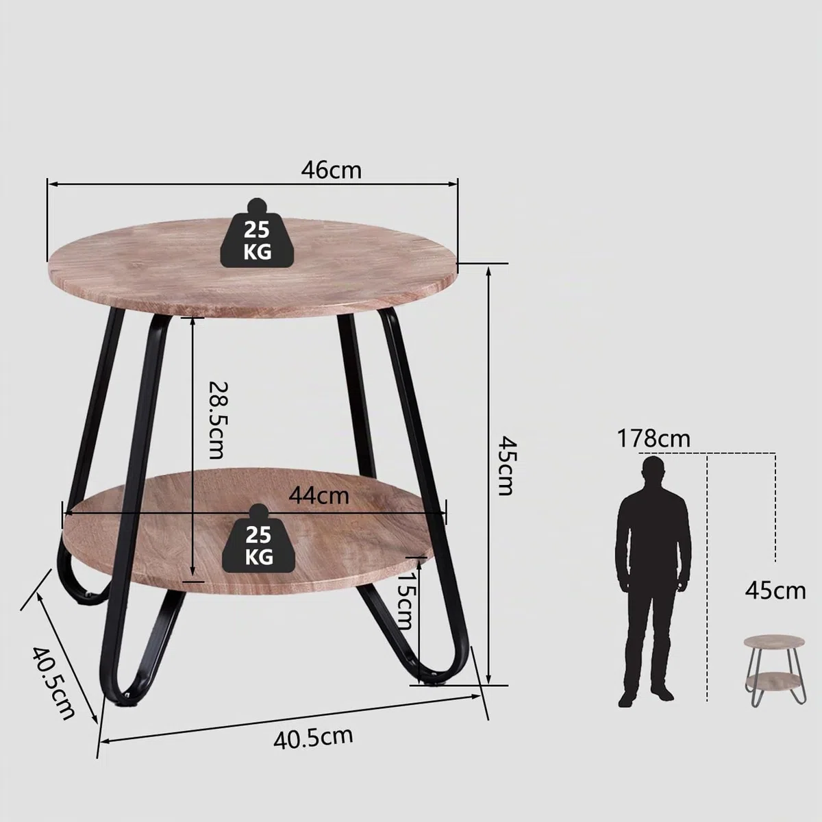 MEUBLE COSY Tavolino da caffè Rotondo Comodino con Ripiano per Soggiorno Camera da Letto, Design Scandinavo, Struttura in Metallo, Legno ingegnerizzato, Marrone Chiaro e Noir, 46x46x45cm