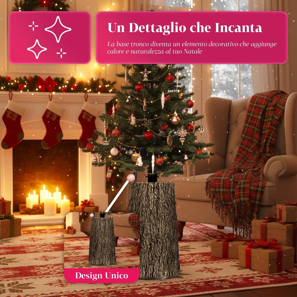 Avilia – Base Albero di Natale XXL da 52,5 cm a Forma di Tronco Effetto Legno Realistico, Ø Aggancio 3,7xH7 cm, Supporto Robusto e Decorativo per Alberi da 120 a 210 cm Stabili e Sicuri