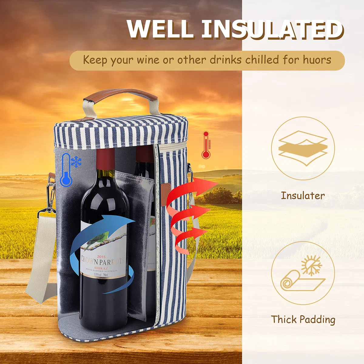 Kato Tirrinia Borsa termica per bottiglie da 2/4, borsa termica per vino isolata, portatile, con cinghia, per picnic, feste, bYOB, ristorante, degustazione di vino, beige, 21 × 9 × 35 cm, strisce