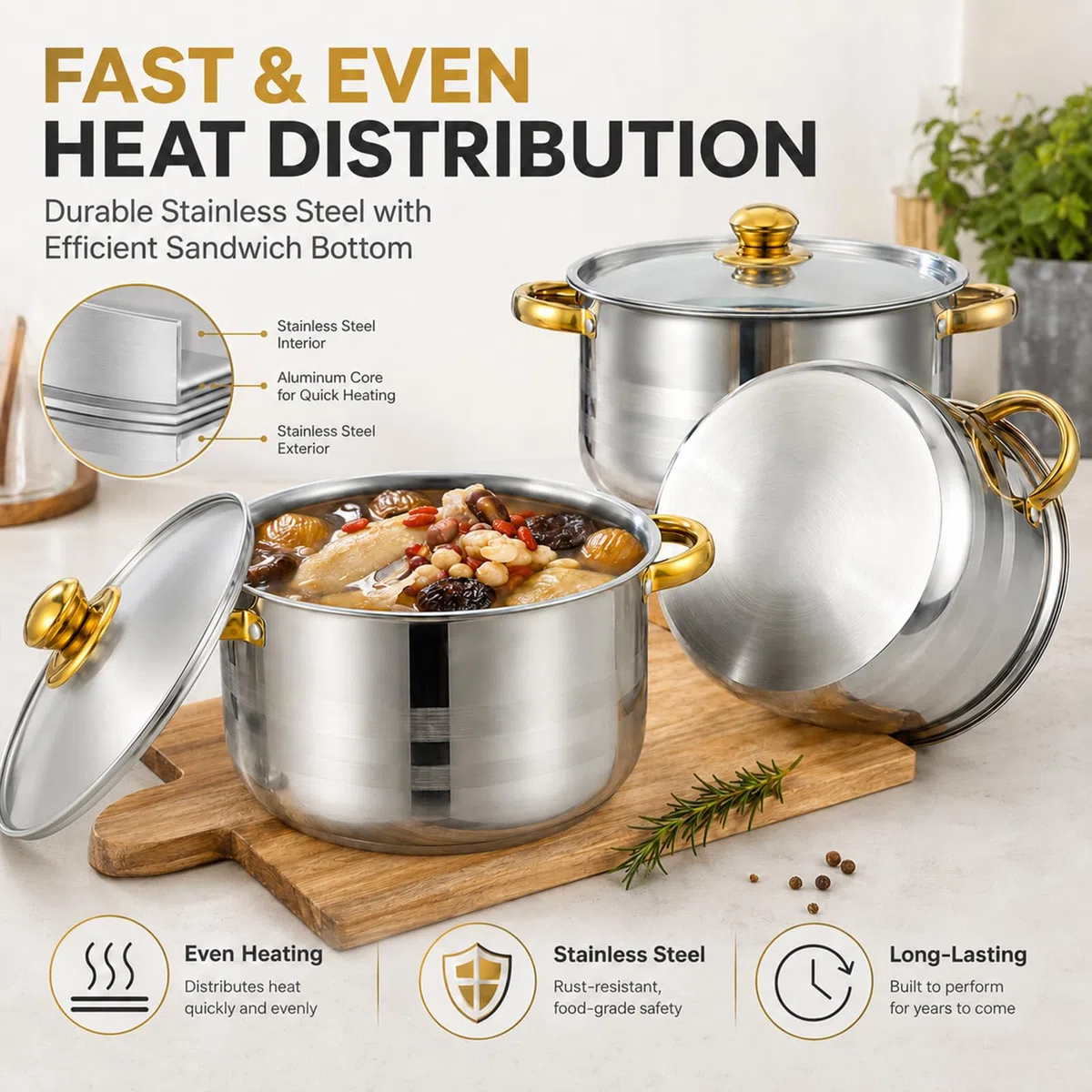 Set di pentole in acciaio inox, 10 pezzi, per piani cottura a induzione, con coperchio in vetro, 5 pentole da 18 a 26 cm, pentole a induzione per tutti i piani cottura, argento lucido