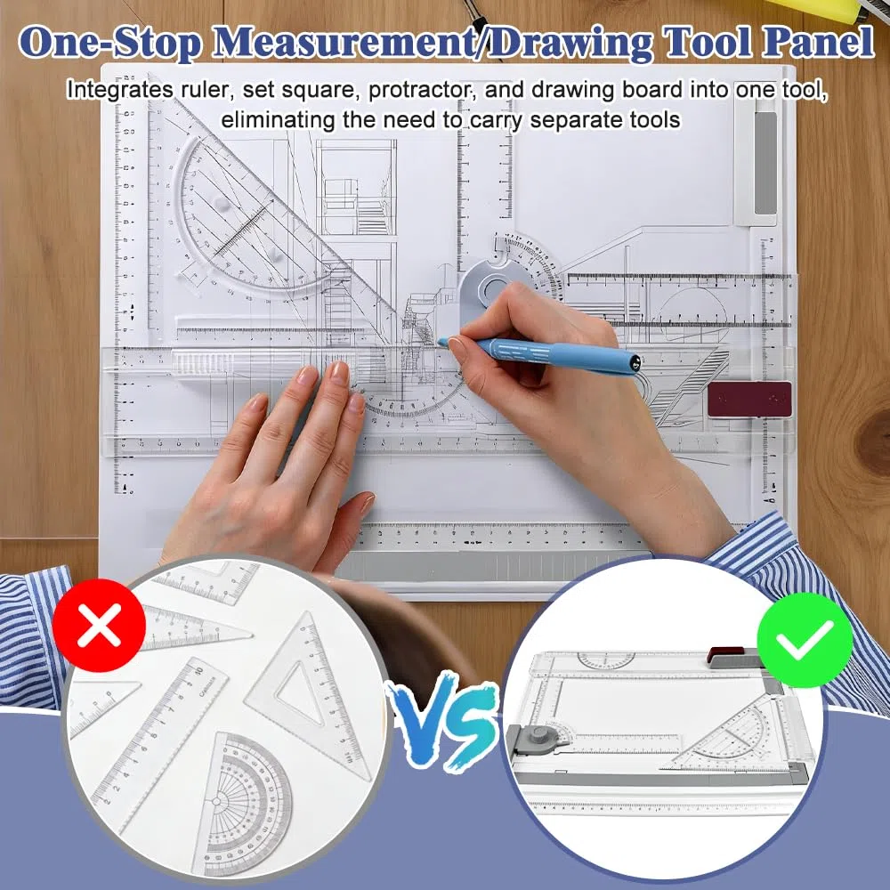 Tavolo da Disegno A4, 37X30cm Multifunzionale Tavolo da Disegno con Goniometro Localizzatore Carta Righello Scorrevole Tavolo da Disegno Metrico Multifunzione per Lavori Professionali