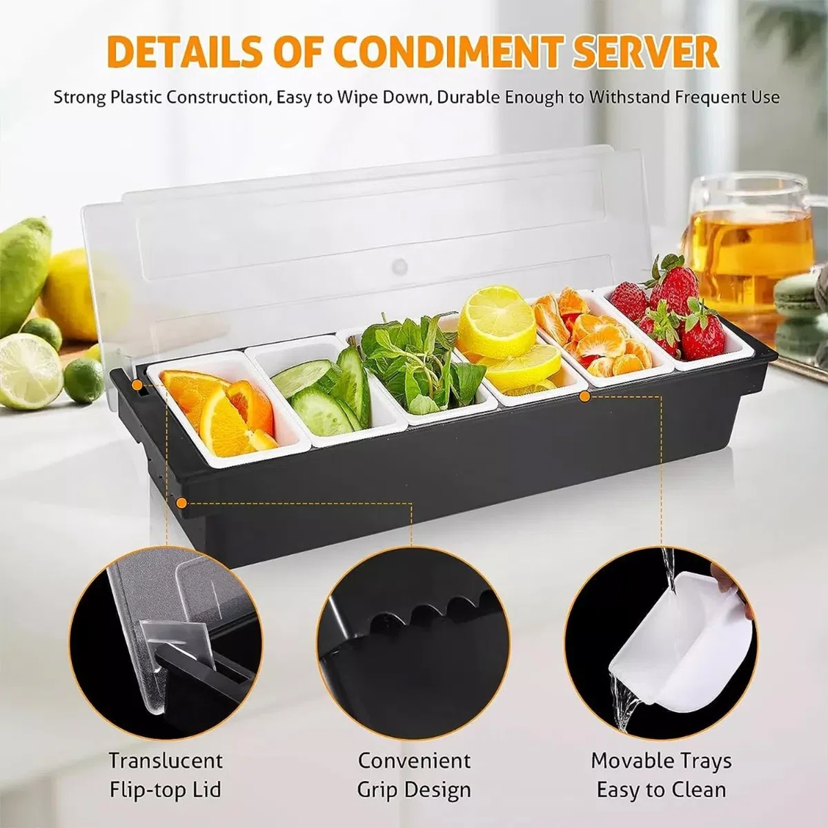 Contenitore per condimenti refrigerati con coperchio, vassoio per frutta e condimenti, con 6 piatti rimovibili, per macedonia di frutta, taco e verdura
