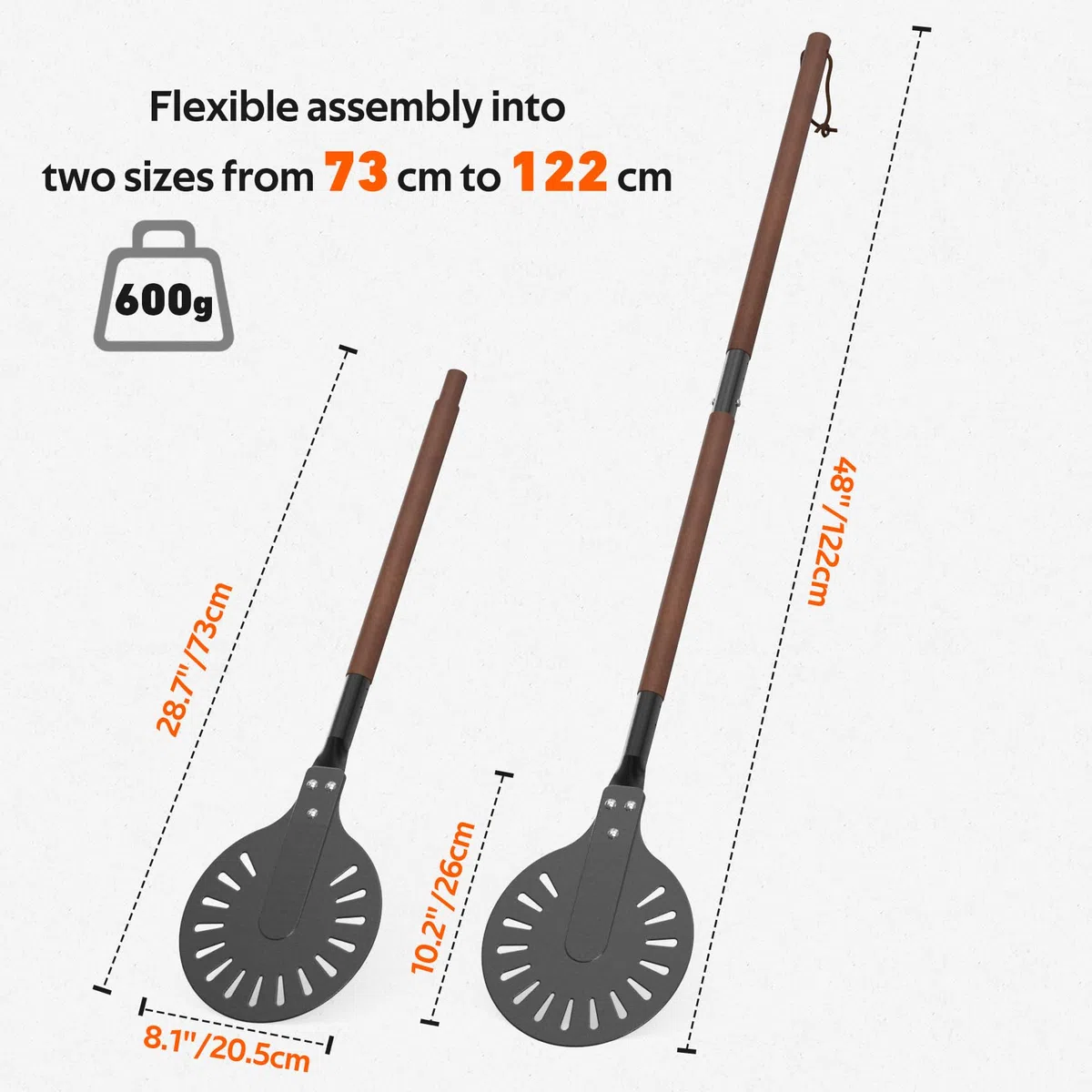 Onlyfire Pala per Pizza Forata, 8 Pollici Palino per Pizza in Alluminio Anodizzato Duro con 96 cm Manico in Legno Isolante Rimovibile per Qualsiasi Forno de Pizza da Esterno o Interno